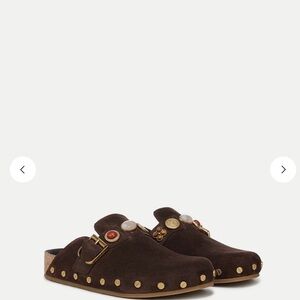Veronica Beard Brown Suede Clogs with Gold Accents